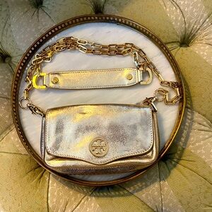 Vintage Tory Burch Mini Robinson Metallic Gold Chain Crossbody Purse Handbag